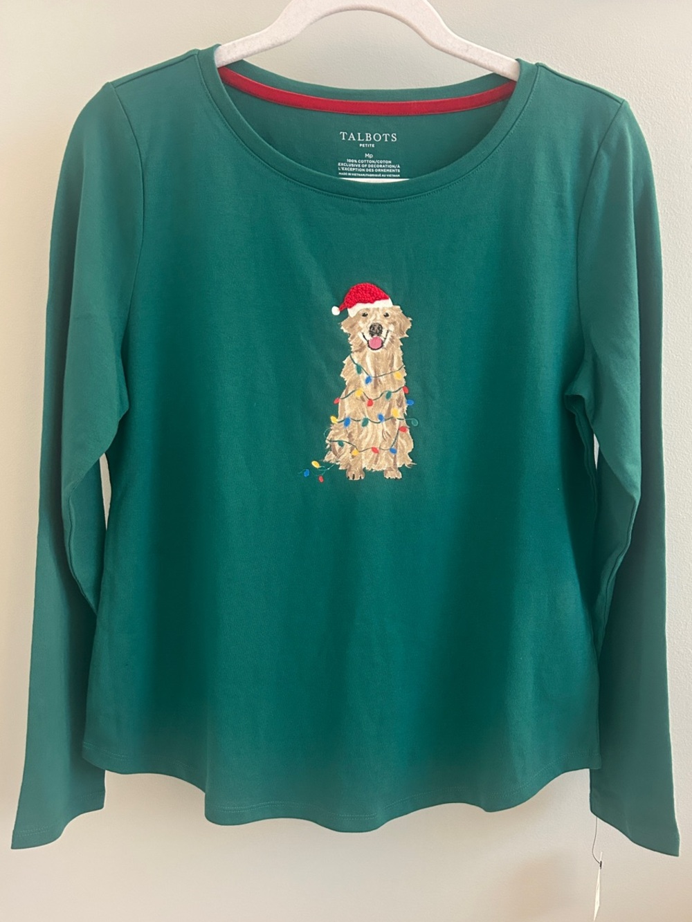 Talbots Green Long-Sleeve Tee with Festive Dog Embroidery